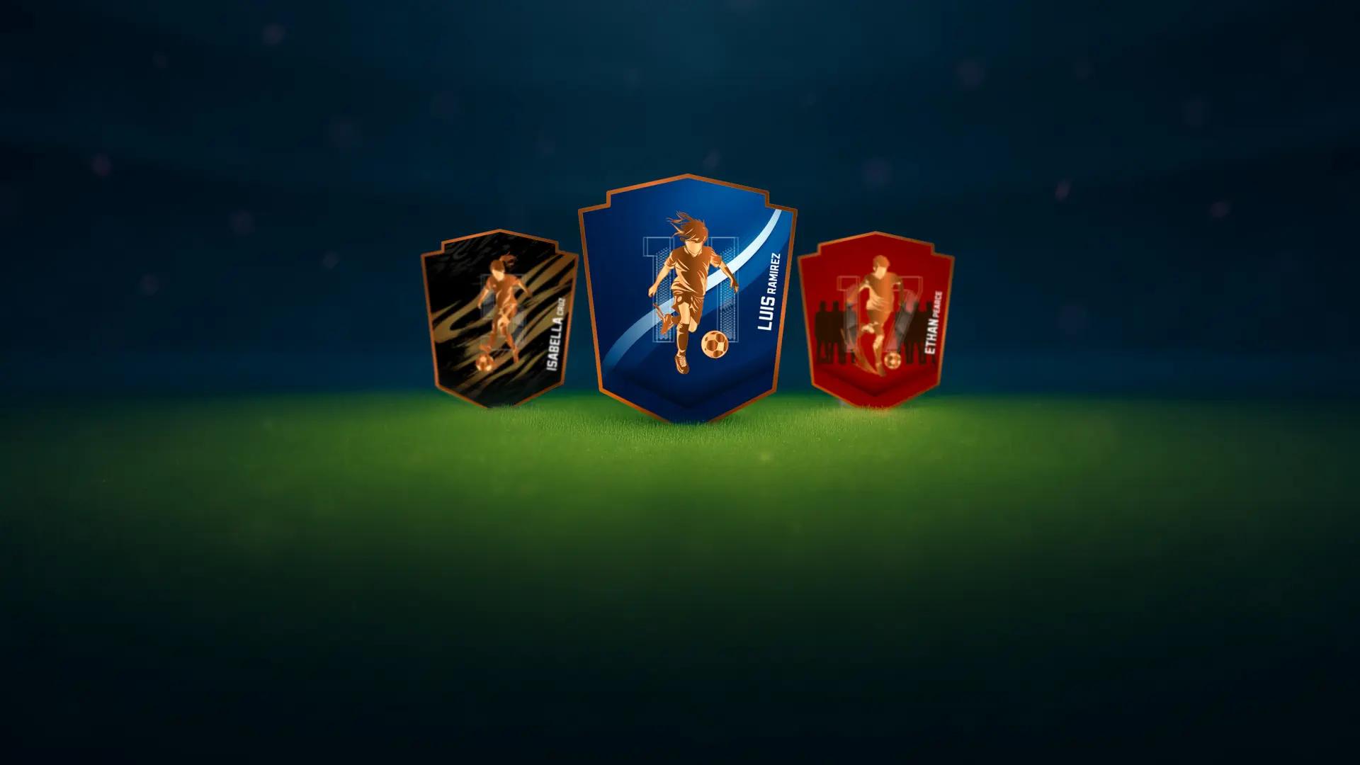 Three Pleyr Pleyr Cards standing on a floodlit field