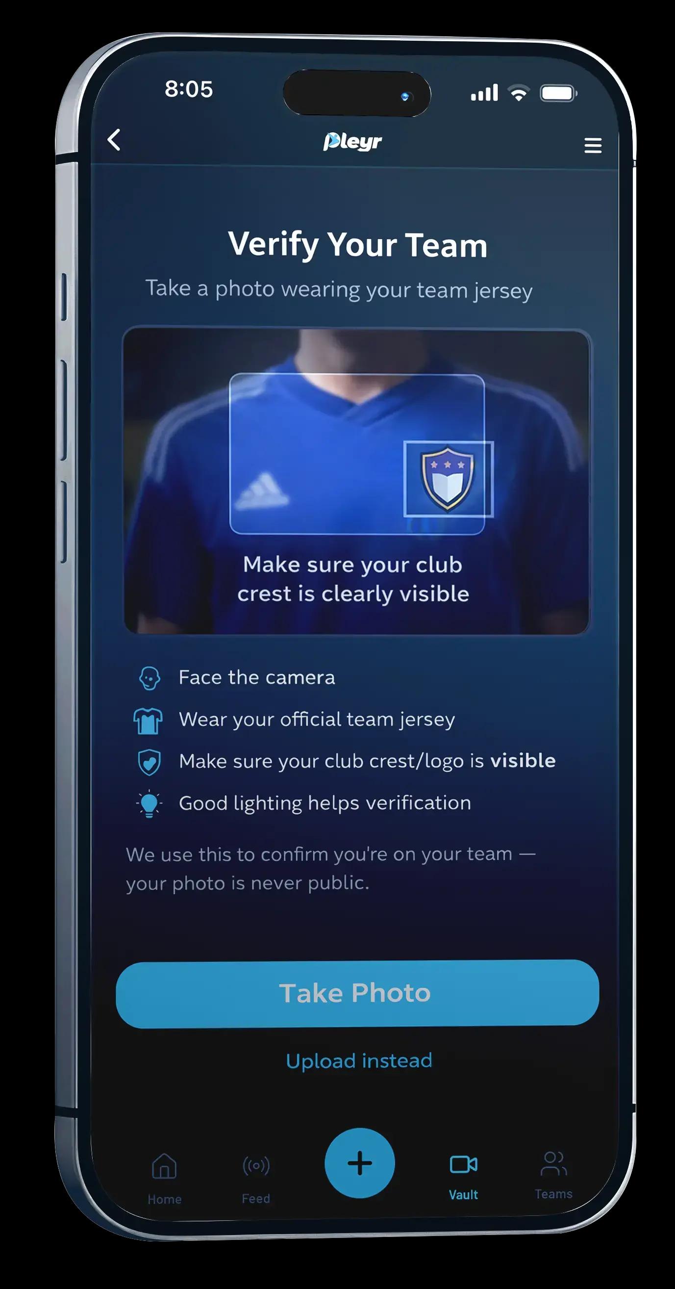Pleyr photo verification controls shown on a device mockup